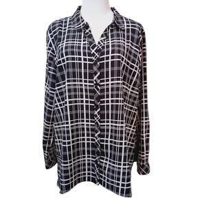 SUSAN GRAVER Button Front Blouse Top Pockets XL PETITE Plaid Career Travel Chic‎